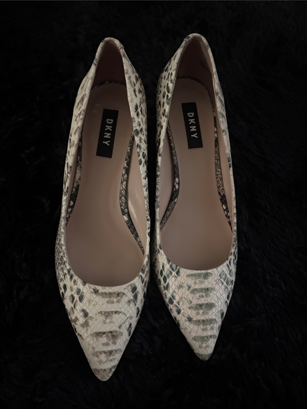 DKNY Snake-Print Pointed Toe Pumps in Cream and Gray